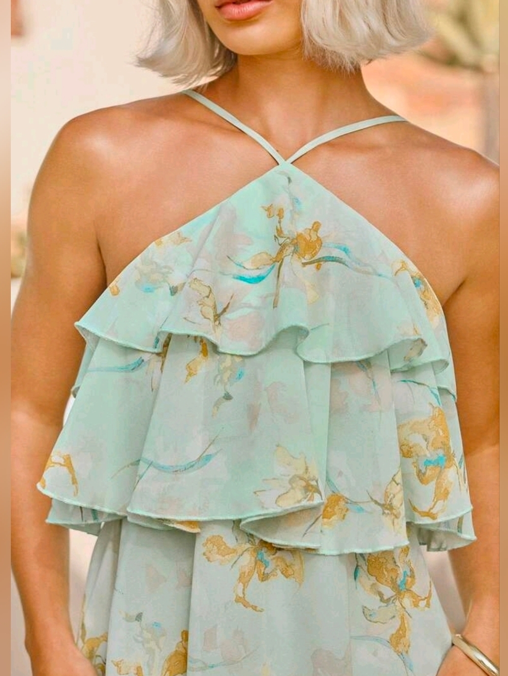New Tiered Chiffon Ruffle Halter Maxi Dress Backless Floral Green - Picture 4 of 10
